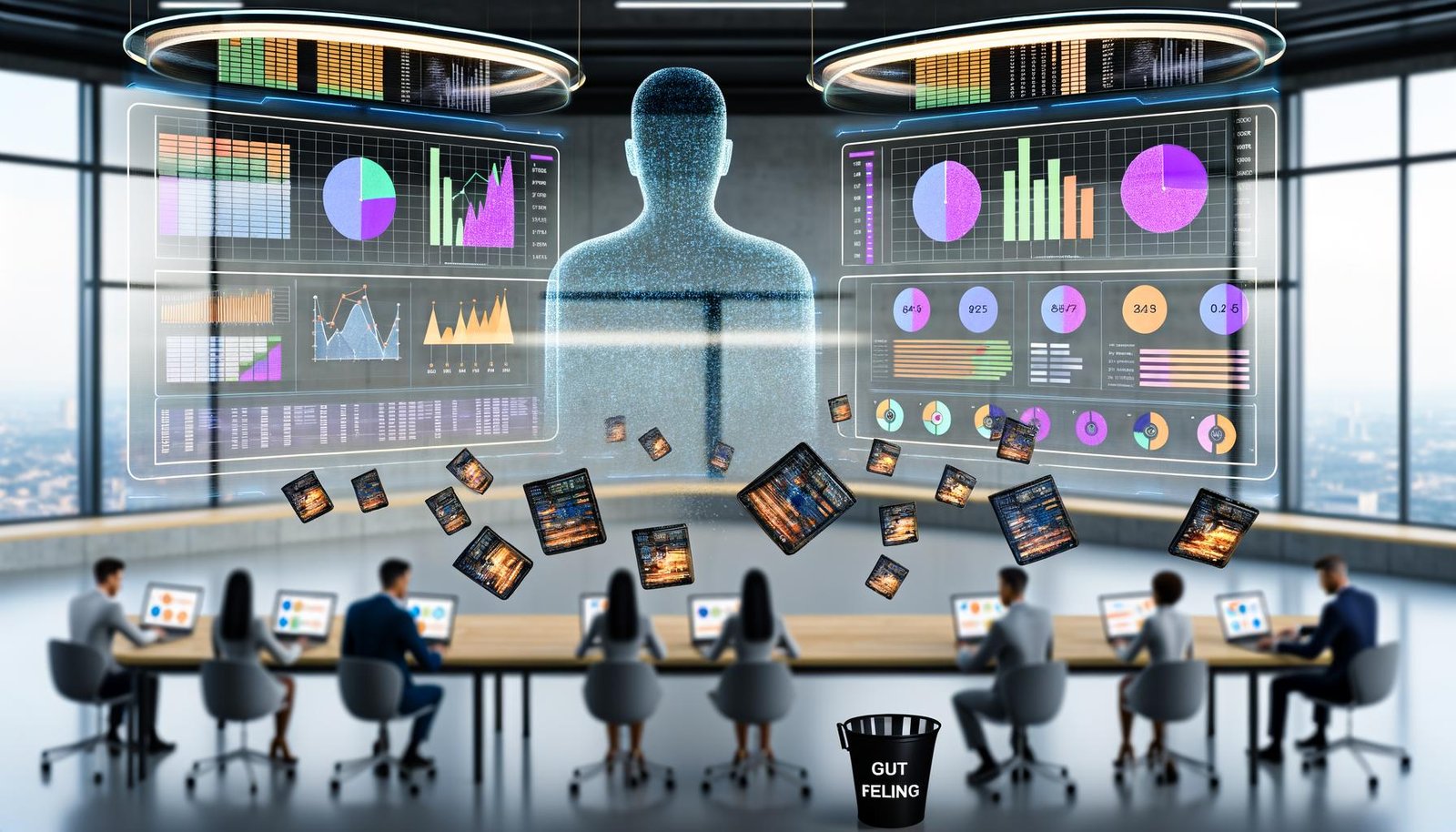 Futuristisches Open-Space-Büro mit riesigen Digital-Dashboards, Marketer an Laptops, leuchtenden Datenvisualisierungen und einer holografischen KI-Figur, die Marketingdaten analysiert.