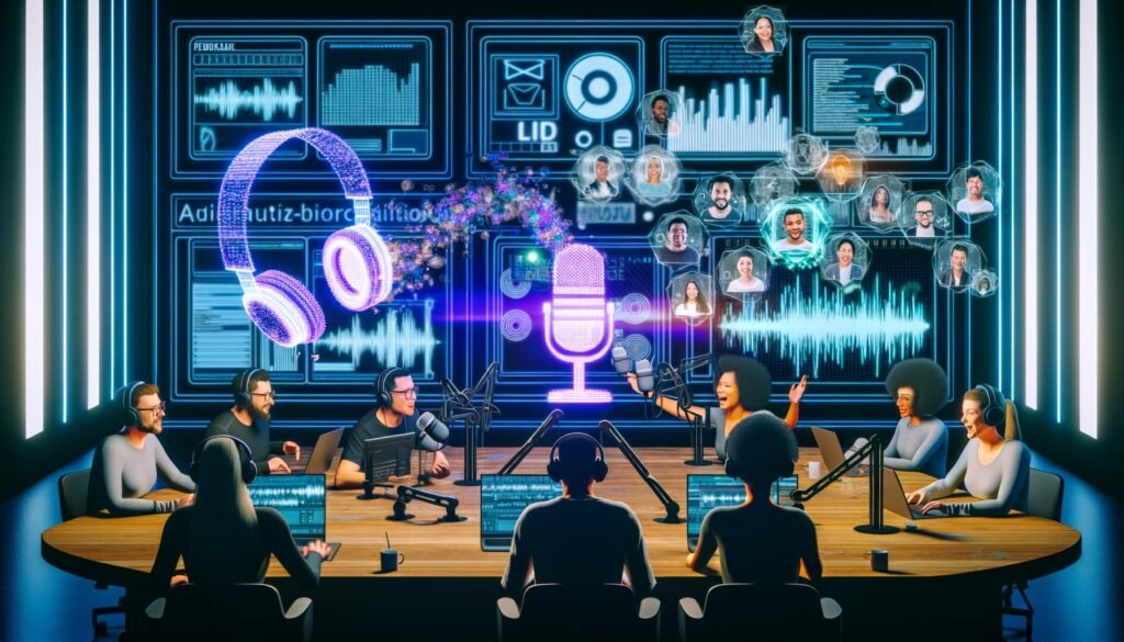 Futuristisches Podcast-Aufnahmestudio mit LED-Displays, Entwicklern und Marketers vor einem digitalen Touchscreen, umgeben von holographischer Werbung und Echtzeitdaten.