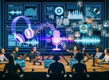 Futuristisches Podcast-Aufnahmestudio mit LED-Displays, Entwicklern und Marketers vor einem digitalen Touchscreen, umgeben von holographischer Werbung und Echtzeitdaten.