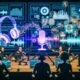 Futuristisches Podcast-Aufnahmestudio mit LED-Displays, Entwicklern und Marketers vor einem digitalen Touchscreen, umgeben von holographischer Werbung und Echtzeitdaten.