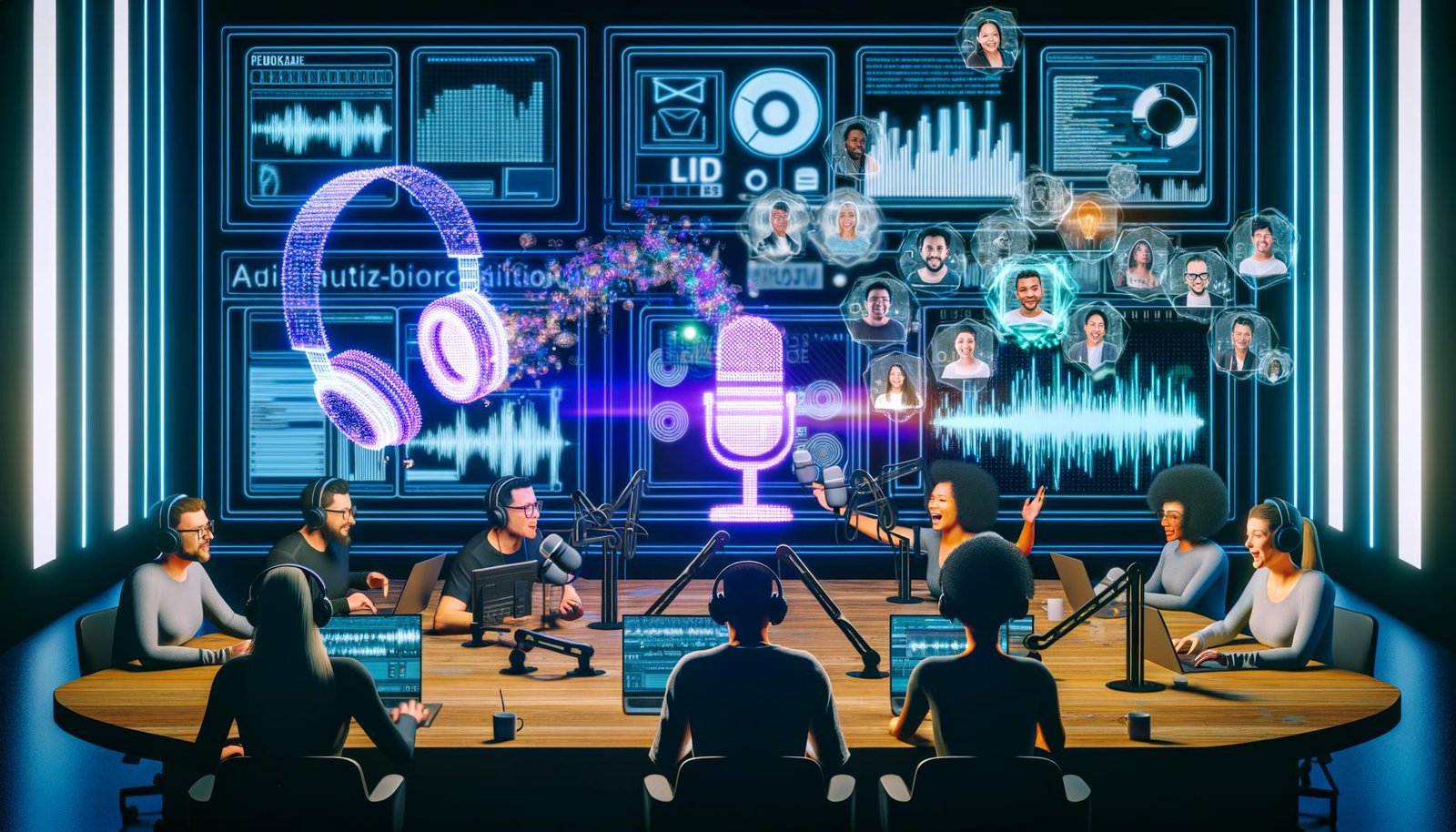 Futuristisches Podcast-Aufnahmestudio mit LED-Displays, Entwicklern und Marketers vor einem digitalen Touchscreen, umgeben von holographischer Werbung und Echtzeitdaten.