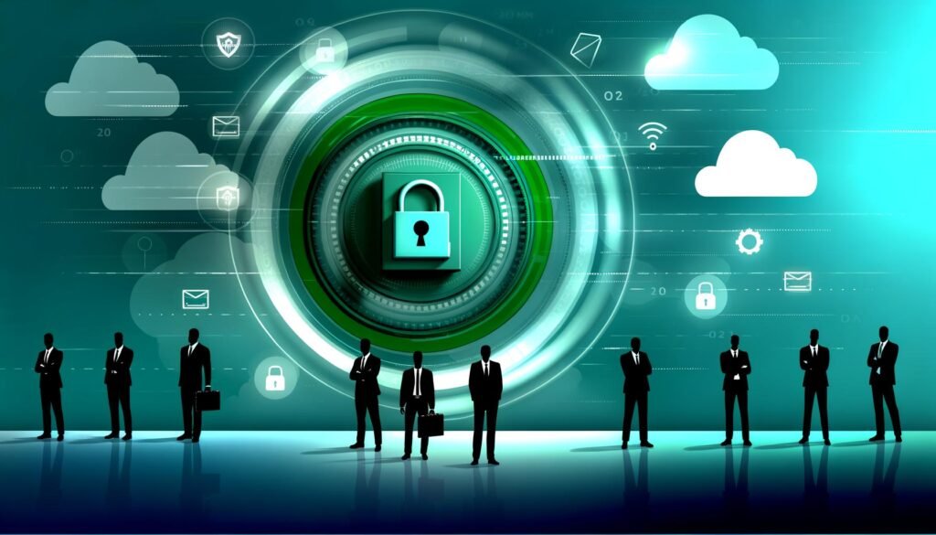 Minimalistische Titelillustration eines digitalen Tresors umgeben von blauen und grünen Datenströmen, mit Cloud-, Firewall-, und Passwort-Icons im Hintergrund sowie wachsamen Business-Profis im Vordergrund. Schriftzug: Datensicherheit 2024.