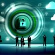 Minimalistische Titelillustration eines digitalen Tresors umgeben von blauen und grünen Datenströmen, mit Cloud-, Firewall-, und Passwort-Icons im Hintergrund sowie wachsamen Business-Profis im Vordergrund. Schriftzug: Datensicherheit 2024.