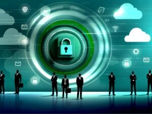 Minimalistische Titelillustration eines digitalen Tresors umgeben von blauen und grünen Datenströmen, mit Cloud-, Firewall-, und Passwort-Icons im Hintergrund sowie wachsamen Business-Profis im Vordergrund. Schriftzug: Datensicherheit 2024.