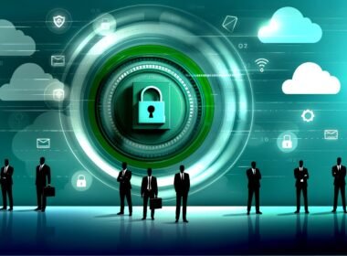 Minimalistische Titelillustration eines digitalen Tresors umgeben von blauen und grünen Datenströmen, mit Cloud-, Firewall-, und Passwort-Icons im Hintergrund sowie wachsamen Business-Profis im Vordergrund. Schriftzug: Datensicherheit 2024.