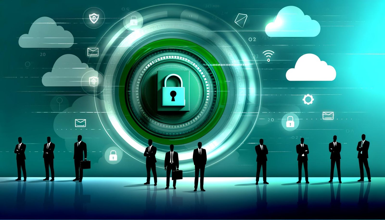 Minimalistische Titelillustration eines digitalen Tresors umgeben von blauen und grünen Datenströmen, mit Cloud-, Firewall-, und Passwort-Icons im Hintergrund sowie wachsamen Business-Profis im Vordergrund. Schriftzug: Datensicherheit 2024.