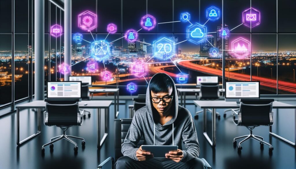 Moderner Büroraum mit Nachtblick, smarte Arbeitsplätze mit KI- und SEO-Tools, konzentrierter Marketer mit Hoodie am Tablet, Hologramme von Jasper, Writesonic, OpenAI und Neuroflash oben.
