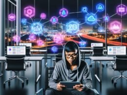 Moderner Büroraum mit Nachtblick, smarte Arbeitsplätze mit KI- und SEO-Tools, konzentrierter Marketer mit Hoodie am Tablet, Hologramme von Jasper, Writesonic, OpenAI und Neuroflash oben.