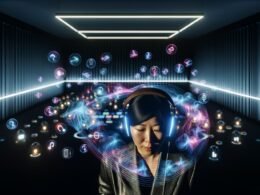 Person mit Kopfhörern in einem futuristischen Studio, umgeben von schwebenden Soundwellen, abstrakten Formen und Symbolen für Head-Tracking, Binaural Audio und Web-Integration.