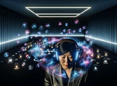 Person mit Kopfhörern in einem futuristischen Studio, umgeben von schwebenden Soundwellen, abstrakten Formen und Symbolen für Head-Tracking, Binaural Audio und Web-Integration.