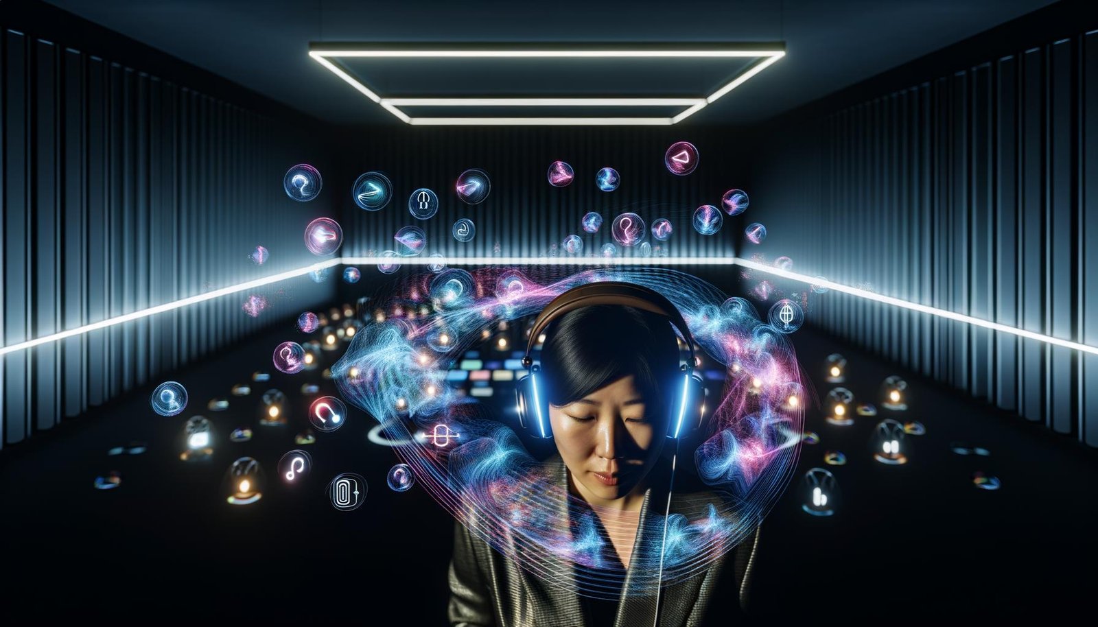 Person mit Kopfhörern in einem futuristischen Studio, umgeben von schwebenden Soundwellen, abstrakten Formen und Symbolen für Head-Tracking, Binaural Audio und Web-Integration.