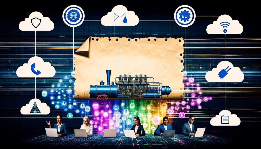 Dynamische Collage eines digitalen Maschinenraums mit Menschen aus verschiedenen Berufsgruppen, zentralem Aktenpapier, das sich in Datenströme auflöst, und Symbolen wie Cloud, API-Stecker und Datenschutzschild.