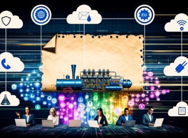 Dynamische Collage eines digitalen Maschinenraums mit Menschen aus verschiedenen Berufsgruppen, zentralem Aktenpapier, das sich in Datenströme auflöst, und Symbolen wie Cloud, API-Stecker und Datenschutzschild.