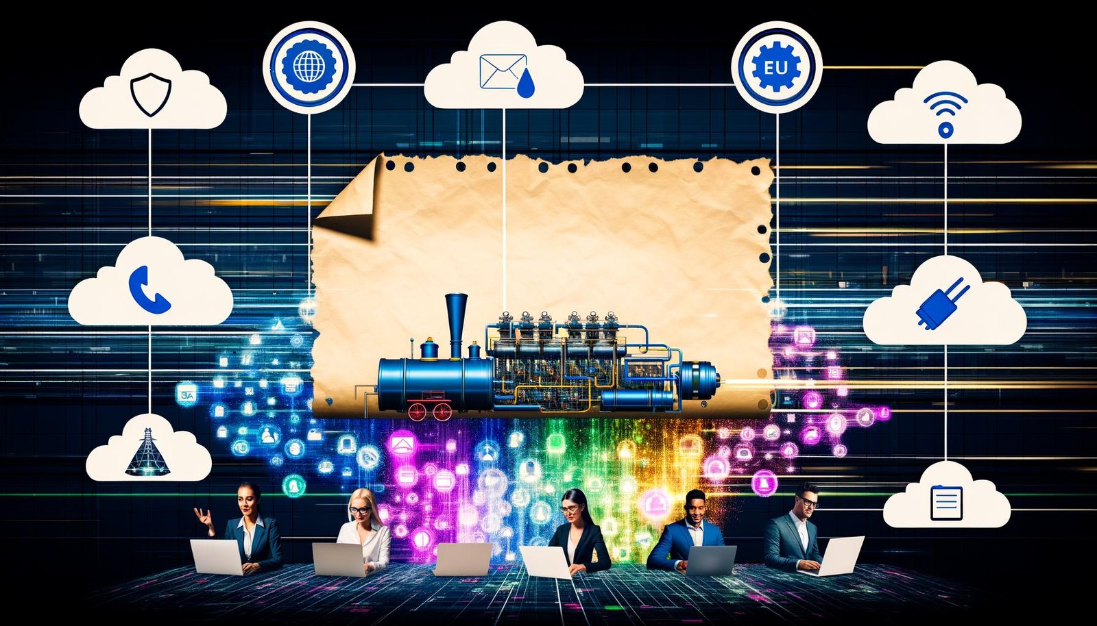Dynamische Collage eines digitalen Maschinenraums mit Menschen aus verschiedenen Berufsgruppen, zentralem Aktenpapier, das sich in Datenströme auflöst, und Symbolen wie Cloud, API-Stecker und Datenschutzschild.