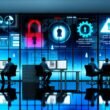 Erschöpfte IT-Experten arbeiten nachts vor Monitoren mit Warnhinweisen, digitalen Checklisten, Hackerangriff-Symbolik und sichtbaren Schutzmechanismen im modernen Büro.