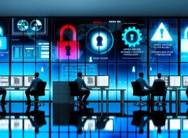 Erschöpfte IT-Experten arbeiten nachts vor Monitoren mit Warnhinweisen, digitalen Checklisten, Hackerangriff-Symbolik und sichtbaren Schutzmechanismen im modernen Büro.