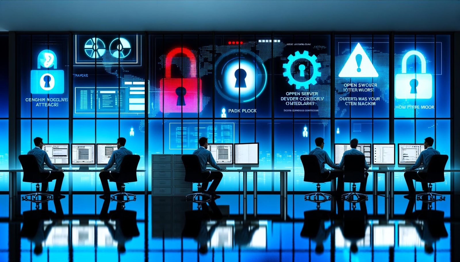 Erschöpfte IT-Experten arbeiten nachts vor Monitoren mit Warnhinweisen, digitalen Checklisten, Hackerangriff-Symbolik und sichtbaren Schutzmechanismen im modernen Büro.