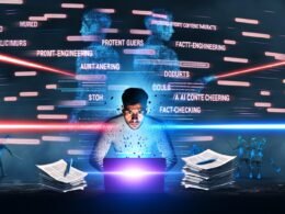 Ein Marketer tippt entschlossen am Laptop zwischen Datenströmen, Dokumenten und Laserstrahlen vor einer Google-Suchleiste, im Hintergrund verblassen KI-Gurus; Bildschirm zeigt Prompt-Engineerings und Fact-Checks.