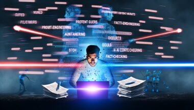 Ein Marketer tippt entschlossen am Laptop zwischen Datenströmen, Dokumenten und Laserstrahlen vor einer Google-Suchleiste, im Hintergrund verblassen KI-Gurus; Bildschirm zeigt Prompt-Engineerings und Fact-Checks.