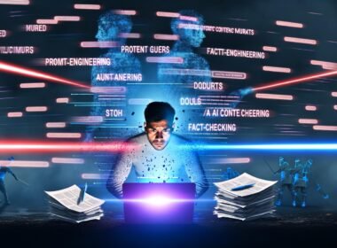 Ein Marketer tippt entschlossen am Laptop zwischen Datenströmen, Dokumenten und Laserstrahlen vor einer Google-Suchleiste, im Hintergrund verblassen KI-Gurus; Bildschirm zeigt Prompt-Engineerings und Fact-Checks.