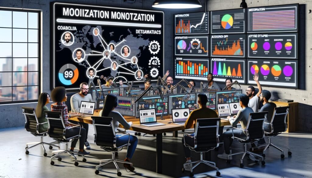 Moderne Podcast-Kommandozentrale im Loft-Stil mit internationalen Menschen am Schreibtisch, großen Datenmonitoren, Whiteboards zur Monetarisierung und Podcast-Postern im Hintergrund