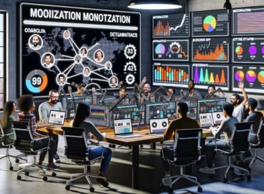 Moderne Podcast-Kommandozentrale im Loft-Stil mit internationalen Menschen am Schreibtisch, großen Datenmonitoren, Whiteboards zur Monetarisierung und Podcast-Postern im Hintergrund