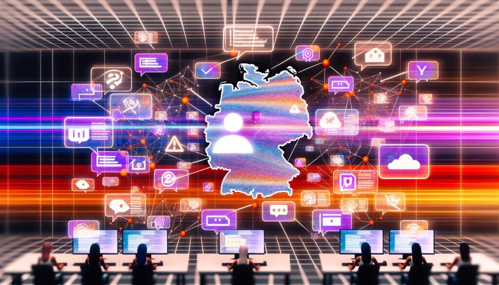 Leuchtende Illustration der digitalen Medienlandschaft Deutschlands mit Social-Media-Streams, Algorithmus-Diagrammen, Content-Creators und Compliance-Elementen.