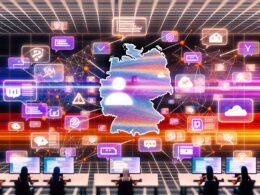 Leuchtende Illustration der digitalen Medienlandschaft Deutschlands mit Social-Media-Streams, Algorithmus-Diagrammen, Content-Creators und Compliance-Elementen.