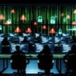 Erschöpfte IT-Profis sitzen nachts in einem dunklen Großraumbüro vor Monitoren mit Warnsymbolen und Cyber-Angriffs-Schaubildern, durch digitale Barrieren vor schemenhaften Hackern geschützt.