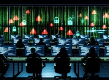 Erschöpfte IT-Profis sitzen nachts in einem dunklen Großraumbüro vor Monitoren mit Warnsymbolen und Cyber-Angriffs-Schaubildern, durch digitale Barrieren vor schemenhaften Hackern geschützt.