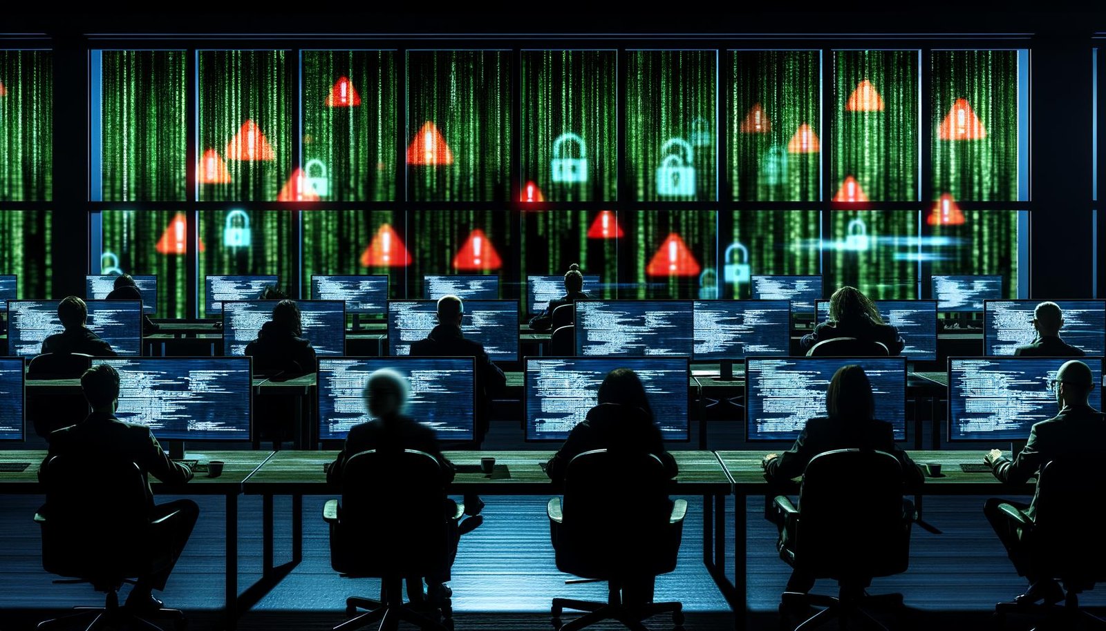 Erschöpfte IT-Profis sitzen nachts in einem dunklen Großraumbüro vor Monitoren mit Warnsymbolen und Cyber-Angriffs-Schaubildern, durch digitale Barrieren vor schemenhaften Hackern geschützt.