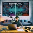 Podcaster*in an Laptop und Mikrofon in modernem Podcast-Studio mit Daten-Dashboard, Podcast-Tools und REPHONIC-Plakat im urbanen Loft-Look