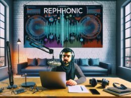 Podcaster*in an Laptop und Mikrofon in modernem Podcast-Studio mit Daten-Dashboard, Podcast-Tools und REPHONIC-Plakat im urbanen Loft-Look
