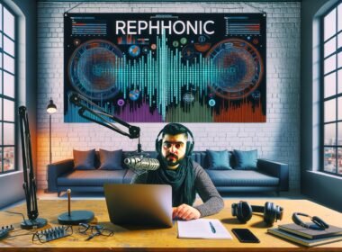 Podcaster*in an Laptop und Mikrofon in modernem Podcast-Studio mit Daten-Dashboard, Podcast-Tools und REPHONIC-Plakat im urbanen Loft-Look