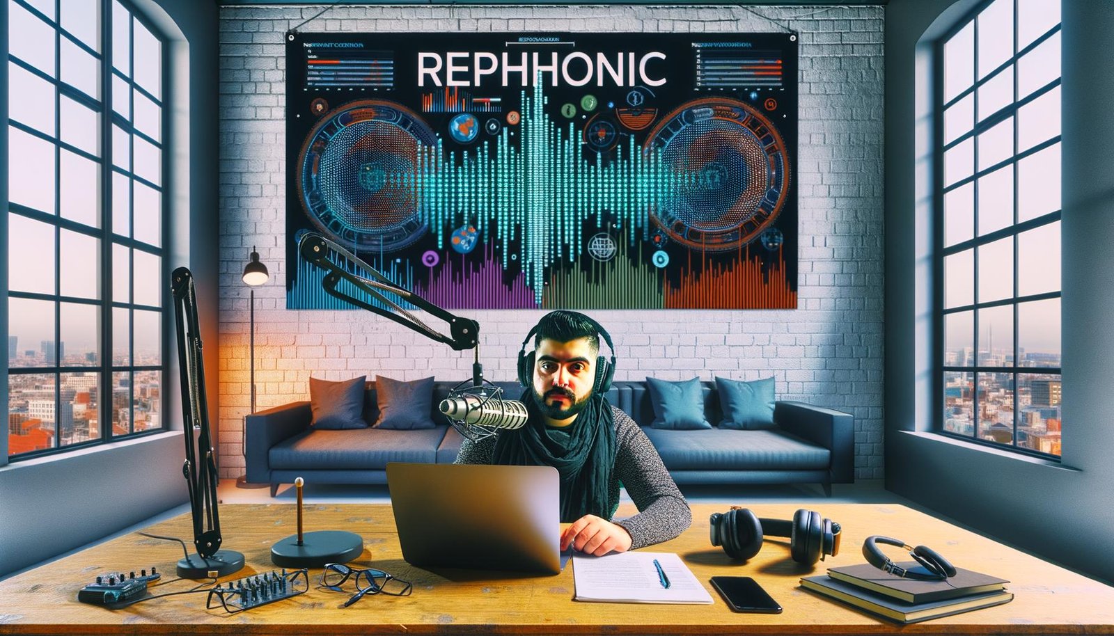 Podcaster*in an Laptop und Mikrofon in modernem Podcast-Studio mit Daten-Dashboard, Podcast-Tools und REPHONIC-Plakat im urbanen Loft-Look