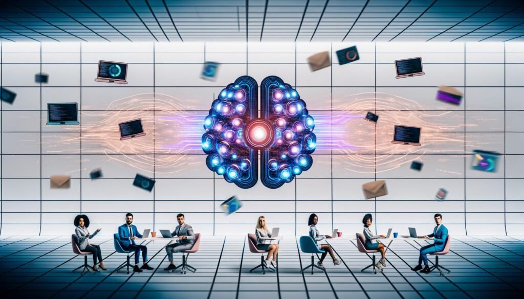 Futuristisches Redaktionsbüro mit diversen Fachleuten, holografischen Bildschirmen, KI-Gehirn und Mischung aus klassischen und digitalen Schreibwerkzeugen.
