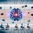 Futuristisches Redaktionsbüro mit diversen Fachleuten, holografischen Bildschirmen, KI-Gehirn und Mischung aus klassischen und digitalen Schreibwerkzeugen.