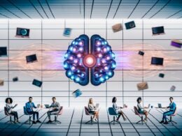 Futuristisches Redaktionsbüro mit diversen Fachleuten, holografischen Bildschirmen, KI-Gehirn und Mischung aus klassischen und digitalen Schreibwerkzeugen.