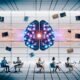 Futuristisches Redaktionsbüro mit diversen Fachleuten, holografischen Bildschirmen, KI-Gehirn und Mischung aus klassischen und digitalen Schreibwerkzeugen.