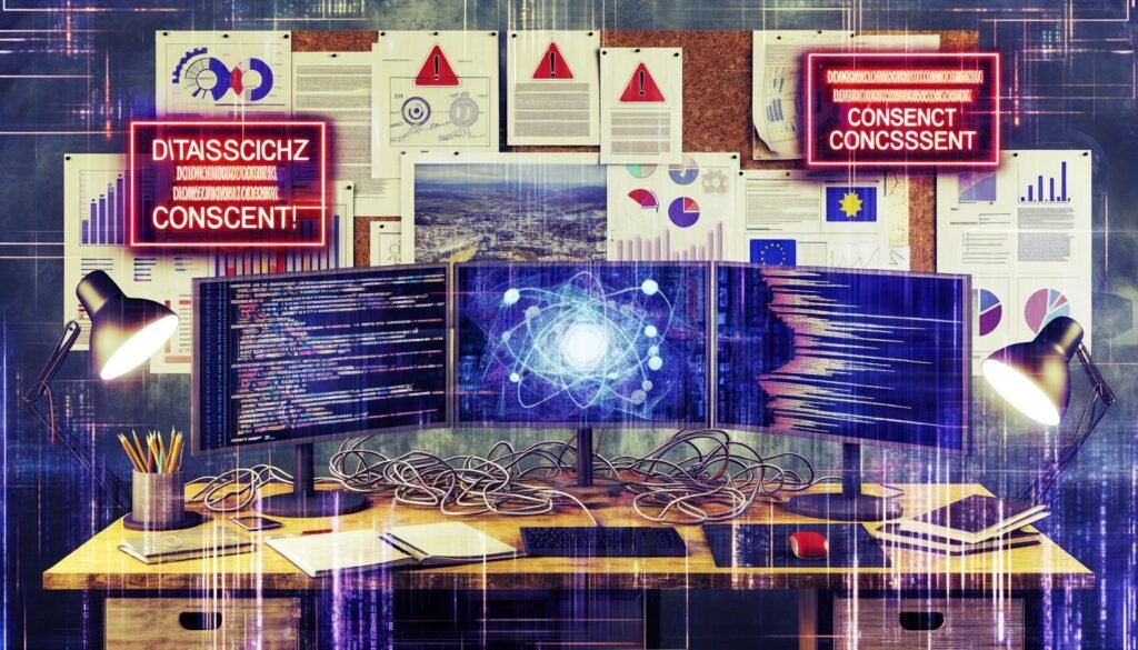 Moderner Arbeitsplatz mit drei Bildschirmen, die Code, Analytik und einen digitalen Flowchart zeigen, umgeben von Kabelsalat, Cookie-Bannern und roten Datenschutzhinweisen vor einem Hintergrund aus technischen Skizzen und EU-Flagge.