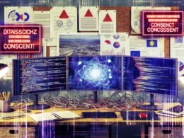 Moderner Arbeitsplatz mit drei Bildschirmen, die Code, Analytik und einen digitalen Flowchart zeigen, umgeben von Kabelsalat, Cookie-Bannern und roten Datenschutzhinweisen vor einem Hintergrund aus technischen Skizzen und EU-Flagge.