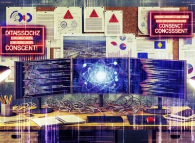 Moderner Arbeitsplatz mit drei Bildschirmen, die Code, Analytik und einen digitalen Flowchart zeigen, umgeben von Kabelsalat, Cookie-Bannern und roten Datenschutzhinweisen vor einem Hintergrund aus technischen Skizzen und EU-Flagge.