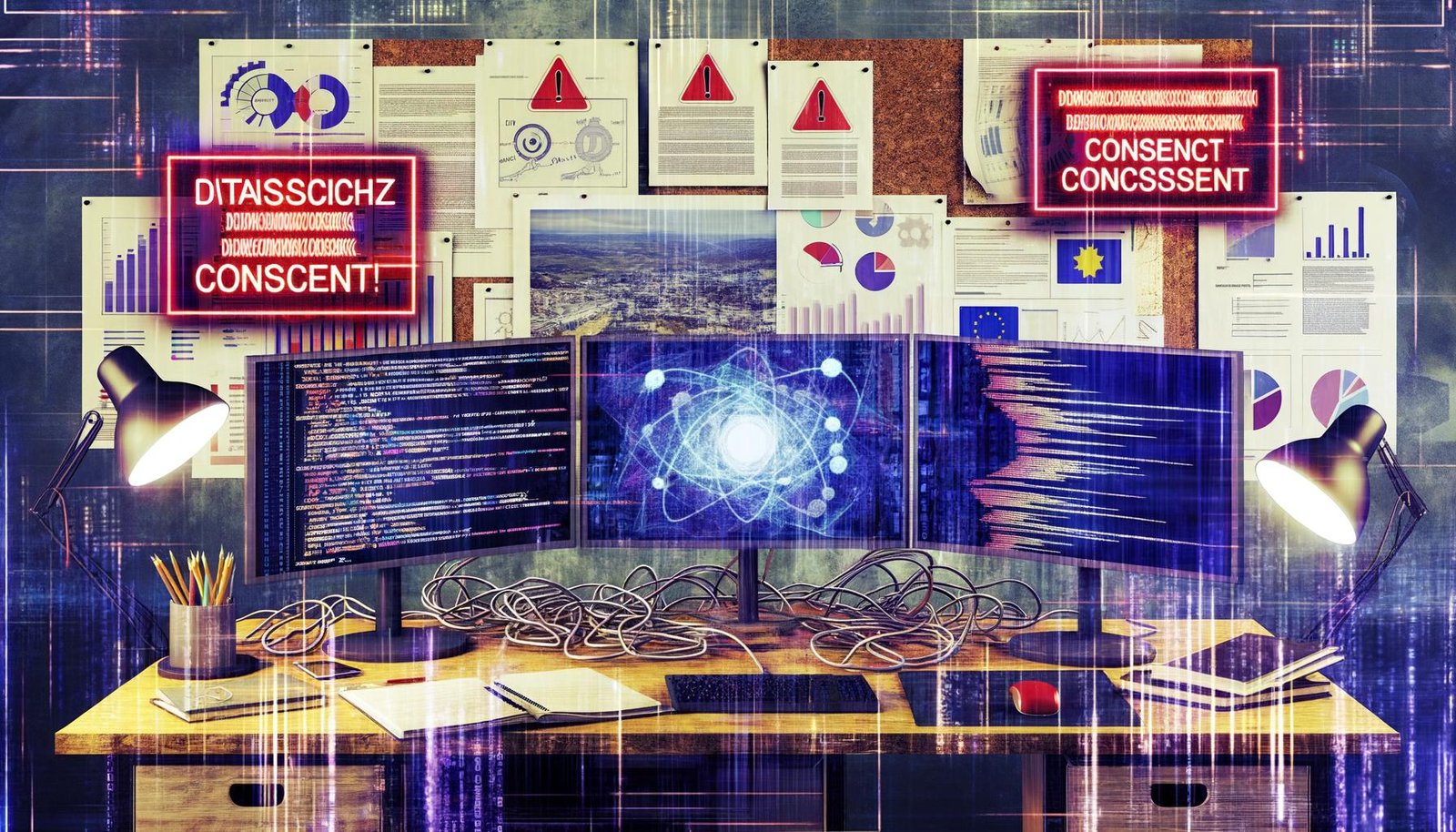 Moderner Arbeitsplatz mit drei Bildschirmen, die Code, Analytik und einen digitalen Flowchart zeigen, umgeben von Kabelsalat, Cookie-Bannern und roten Datenschutzhinweisen vor einem Hintergrund aus technischen Skizzen und EU-Flagge.