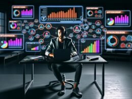 Fokussierter Podcast-Produzent mit Kopfhörern an einer futuristischen Workstation mit mehreren Bildschirmen voller Analytics-Dashboards und schwebender Monetarisierungs-Icons.