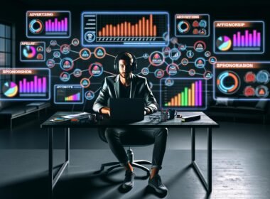 Fokussierter Podcast-Produzent mit Kopfhörern an einer futuristischen Workstation mit mehreren Bildschirmen voller Analytics-Dashboards und schwebender Monetarisierungs-Icons.