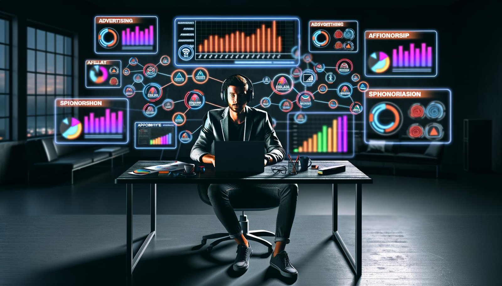 Fokussierter Podcast-Produzent mit Kopfhörern an einer futuristischen Workstation mit mehreren Bildschirmen voller Analytics-Dashboards und schwebender Monetarisierungs-Icons.