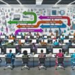 Modernes Großraumbüro mit Menschen und KI-Avataren, die gemeinsam an einer langen Tischreihe arbeiten. Im Hintergrund zeigt eine große Leinwand einen komplexen Workflow-Chart, während Teammitglieder einen Prompt besprechen.