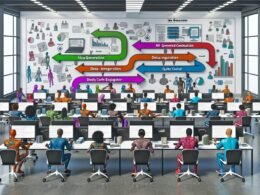 Modernes Großraumbüro mit Menschen und KI-Avataren, die gemeinsam an einer langen Tischreihe arbeiten. Im Hintergrund zeigt eine große Leinwand einen komplexen Workflow-Chart, während Teammitglieder einen Prompt besprechen.