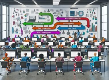 Modernes Großraumbüro mit Menschen und KI-Avataren, die gemeinsam an einer langen Tischreihe arbeiten. Im Hintergrund zeigt eine große Leinwand einen komplexen Workflow-Chart, während Teammitglieder einen Prompt besprechen.