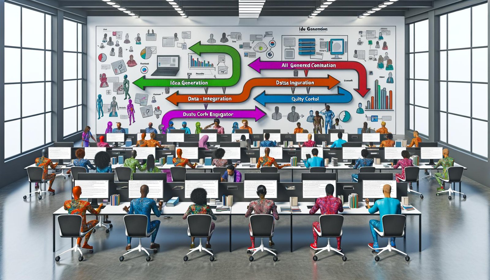 Modernes Großraumbüro mit Menschen und KI-Avataren, die gemeinsam an einer langen Tischreihe arbeiten. Im Hintergrund zeigt eine große Leinwand einen komplexen Workflow-Chart, während Teammitglieder einen Prompt besprechen.